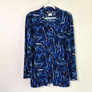 Slinky Brand Button Front Top Size M Blue Print Acetate Stretch Long Sleeve